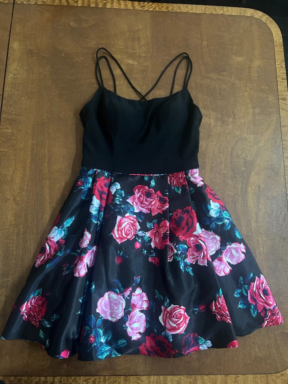 Black & floral rose homecoming and formal party dress with cross strap back